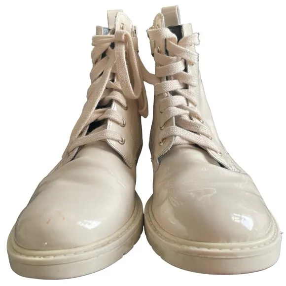 Naturino Barnett Cream Patent Leather Lace Up Combat Boot Size 36 Good Condition