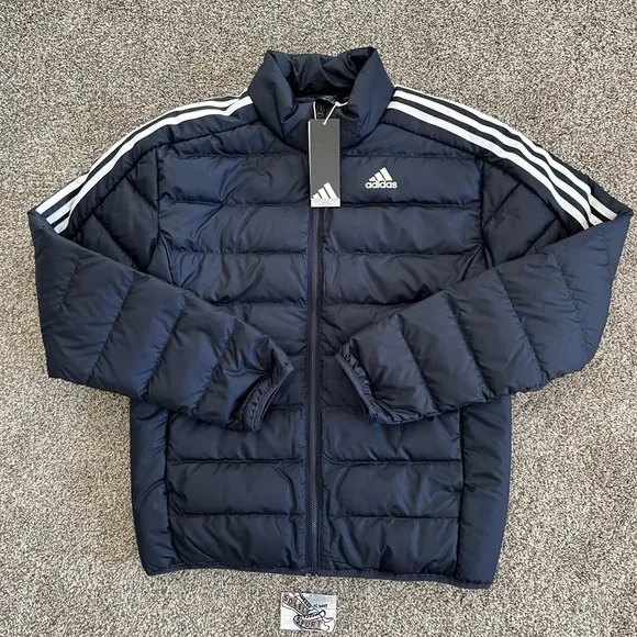 New Adidas Essentials Down Insulated Puffer Jacket Navy Blue White Coat Mens