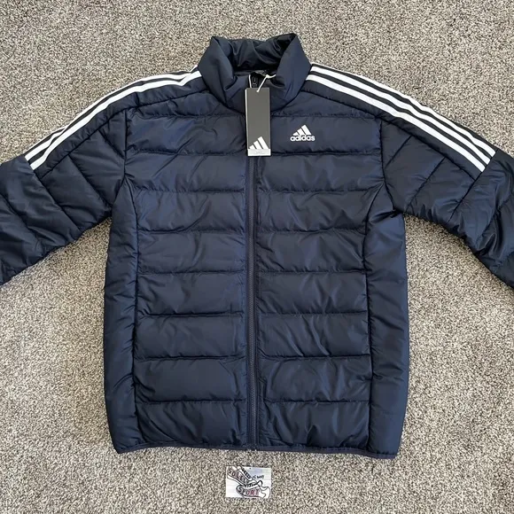 New Adidas Essentials Down Insulated Puffer Jacket Navy Blue White Coat Mens