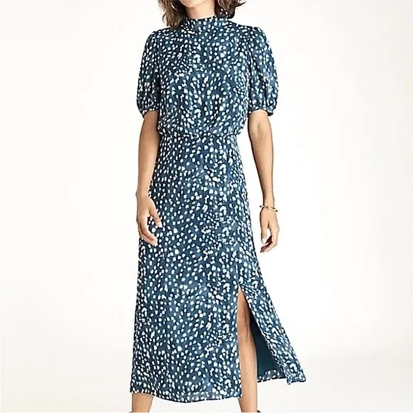 NEW Ann Taylor | Leopard Puff Sleeve Midi Flare Dress | Midnight Spruce | 6