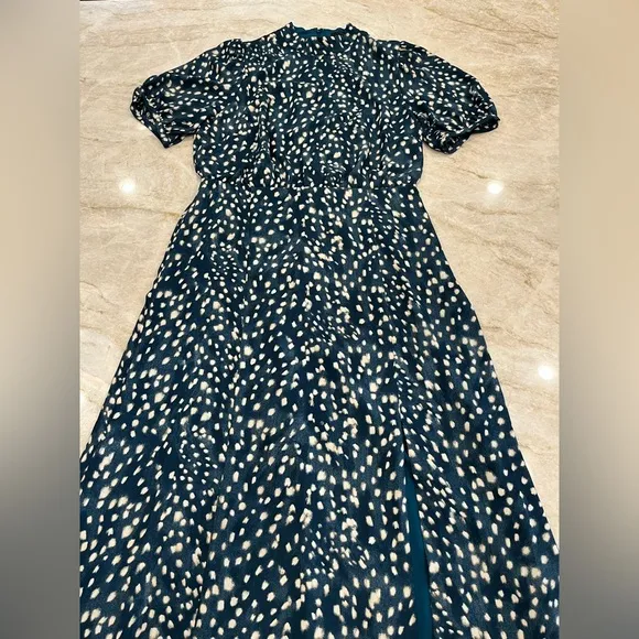 NEW Ann Taylor | Leopard Puff Sleeve Midi Flare Dress | Midnight Spruce | 6