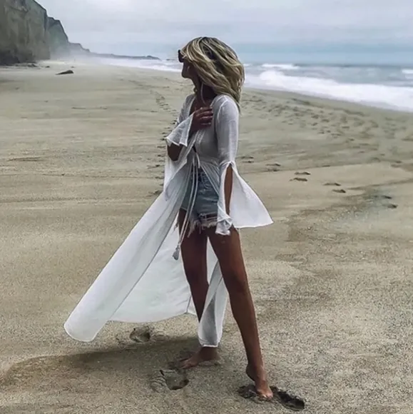 New Boho Princess Embroidered Lace Maxi Duster Kimono Cover Up Dress White