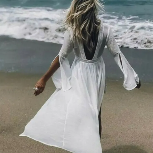 New Boho Princess Embroidered Lace Maxi Duster Kimono Cover Up Dress White
