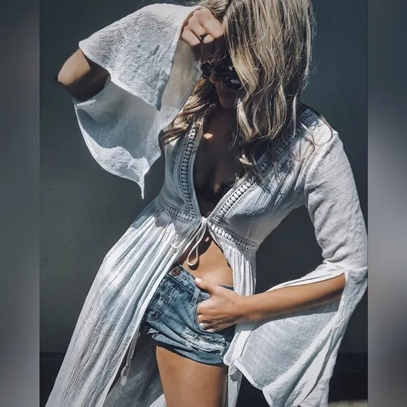 New Boho Princess Embroidered Lace Maxi Duster Kimono Cover Up Dress White