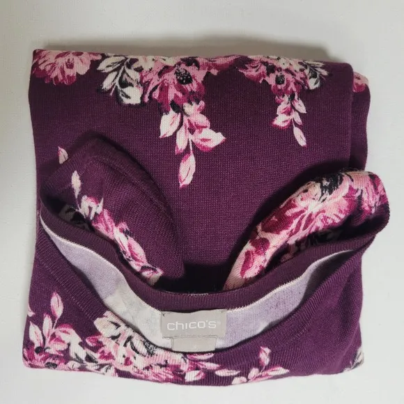 NEW Chico's Floral Bateau Neck Pullover Sweater Purple Pink Women Sz XL(3)