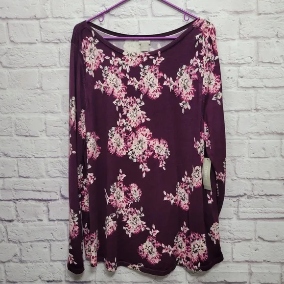 NEW Chico's Floral Bateau Neck Pullover Sweater Purple Pink Women Sz XL(3)