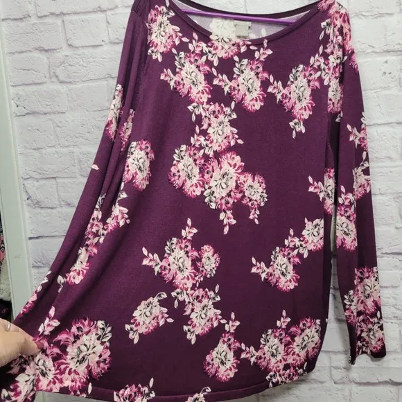 NEW Chico's Floral Bateau Neck Pullover Sweater Purple Pink Women Sz XL(3)