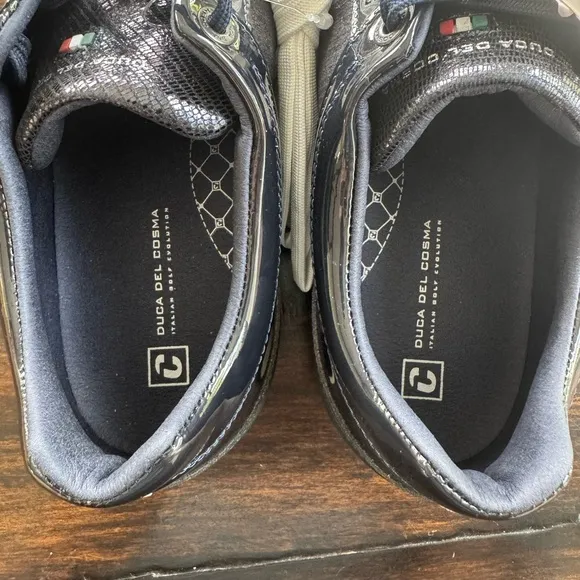 NEW Duca Del Cosmo Caldes Navy Patent leather spikeless golf shoes sz 41 /10