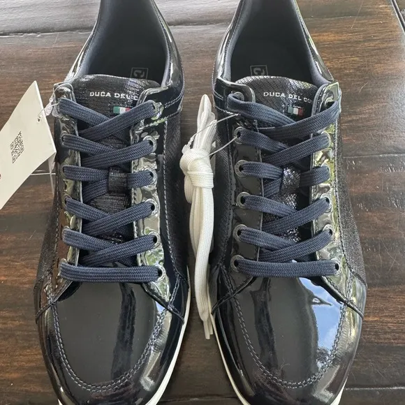 NEW Duca Del Cosmo Caldes Navy Patent leather spikeless golf shoes sz 41 /10