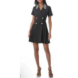 New Karl Lagerfeld Paris Black Pleated Button Pearl Dress 12 Medium Designer NWT