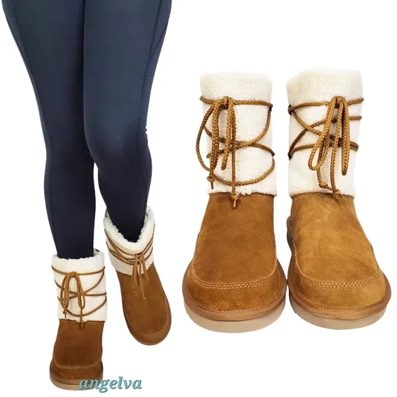 New Koolaburra Ugg michon short boots chesnut suede faux fur pull on lace winter