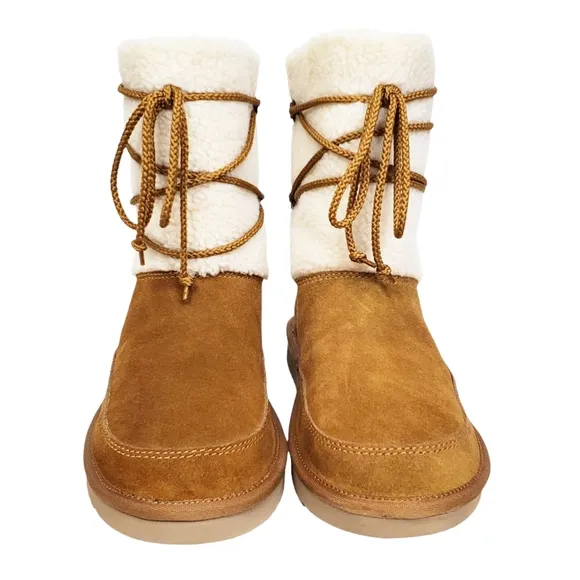 New Koolaburra Ugg michon short boots chesnut suede faux fur pull on lace winter
