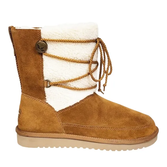 New Koolaburra Ugg michon short boots chesnut suede faux fur pull on lace winter