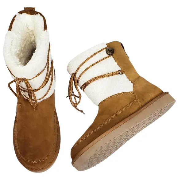 New Koolaburra Ugg michon short boots chesnut suede faux fur pull on lace winter
