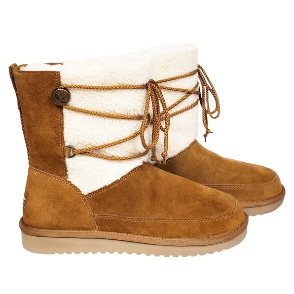New Koolaburra Ugg michon short boots chesnut suede faux fur pull on lace winter