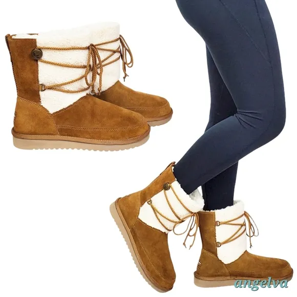 New Koolaburra Ugg michon short boots chesnut suede faux fur pull on lace winter