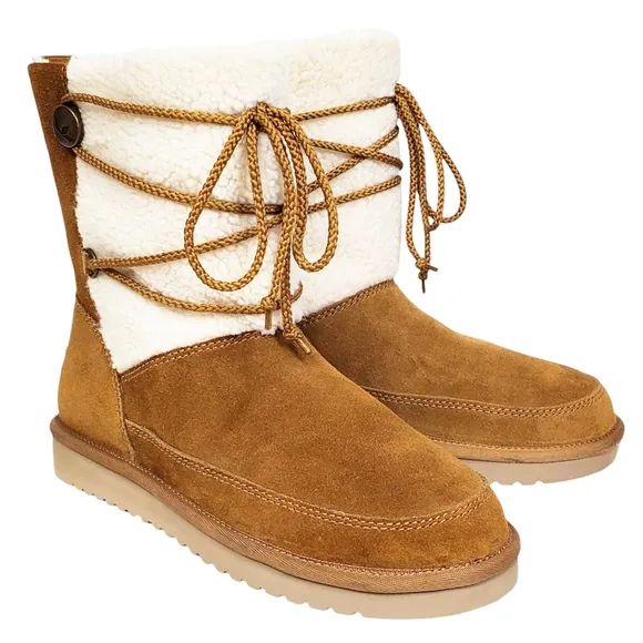 New Koolaburra Ugg michon short boots chesnut suede faux fur pull on lace winter