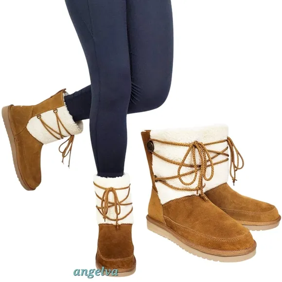 New Koolaburra Ugg michon short boots chesnut suede faux fur pull on lace winter