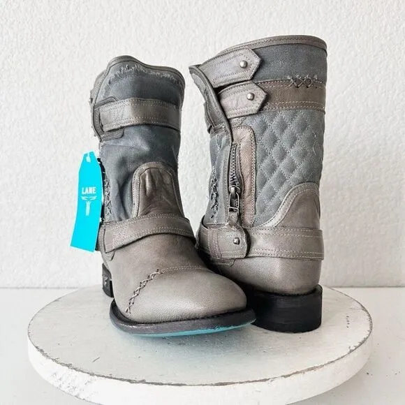 NEW Lane DUSTOFF Womens Cowboy Boots 8.5 Gray Leather Cowgirl Moto Short Western