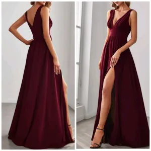 New Luxe Deep V Split Leg Maxi Dress Flowy Burgundy Red