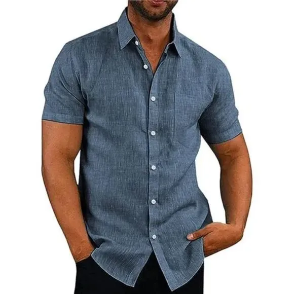 𝅺New Men's Casual Linen Button Down Shirt Gray &amp; Blue