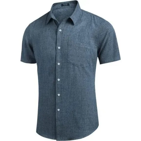 𝅺New Men's Casual Linen Button Down Shirt Gray &amp; Blue