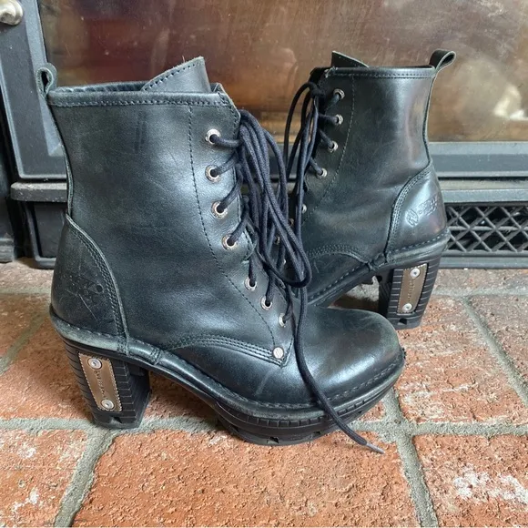 NEW ROCK Black Leather Lace Up Heel Boots Goth Moto Military SZ 8 EU 39