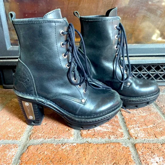 NEW ROCK Black Leather Lace Up Heel Boots Goth Moto Military SZ 8 EU 39