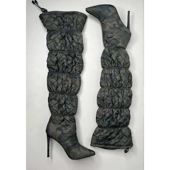 New Steve Madden Silhouette Over Knee Boots Green Puffer Camouflage Size 5.5
