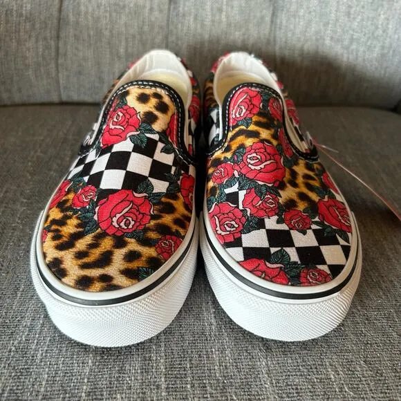 NEW Vans Mens Classic Slip On Rose Animal Checkerboard Low Sneaker Shoes 3.5