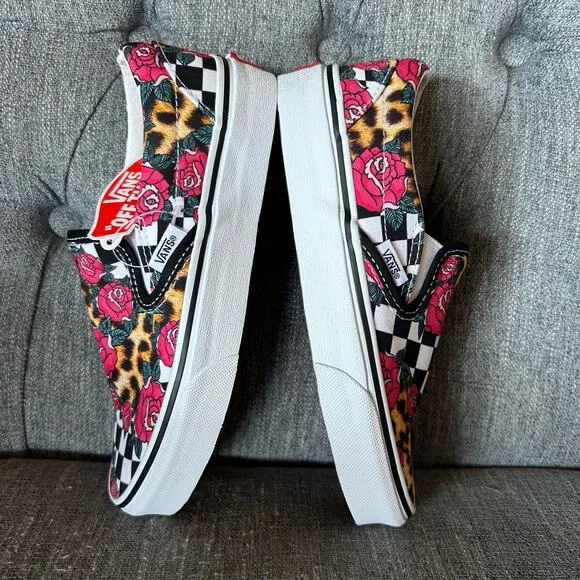 NEW Vans Mens Classic Slip On Rose Animal Checkerboard Low Sneaker Shoes 3.5