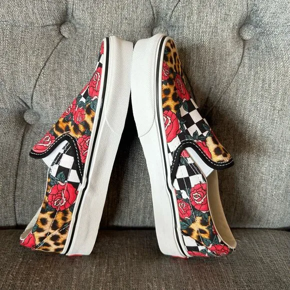 NEW Vans Mens Classic Slip On Rose Animal Checkerboard Low Sneaker Shoes 3.5