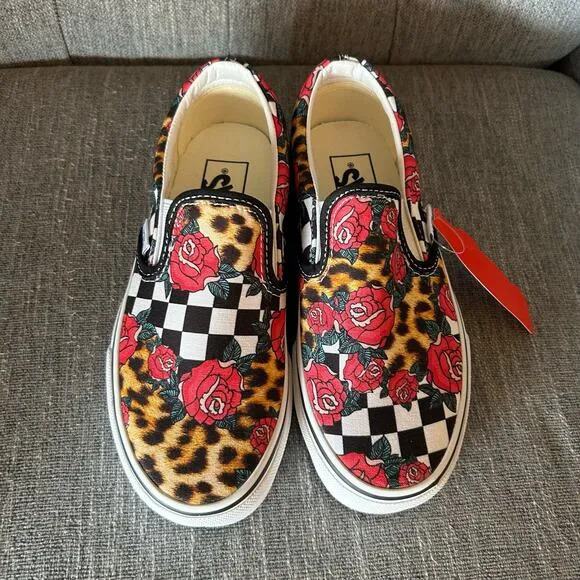 NEW Vans Mens Classic Slip On Rose Animal Checkerboard Low Sneaker Shoes 3.5