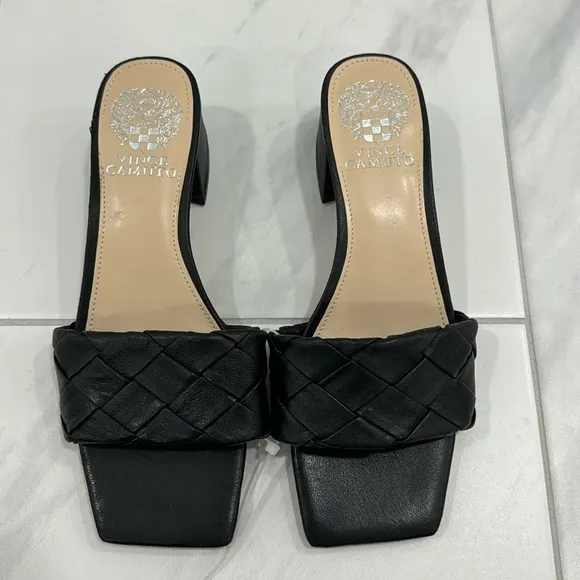 NEW! Vince Camuto Black Leather Semtera Block Heel Sandal - Size 6.5