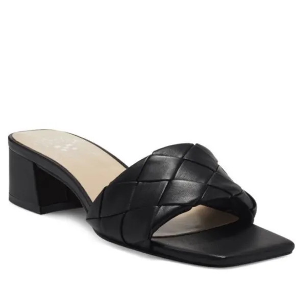NEW! Vince Camuto Black Leather Semtera Block Heel Sandal - Size 6.5