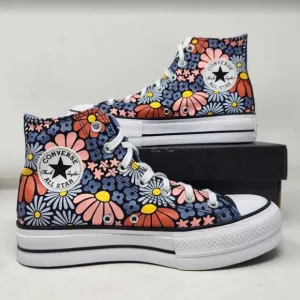 New women's 9 Converse CTAS Chuck Taylor all star lift hi platform floral shoes