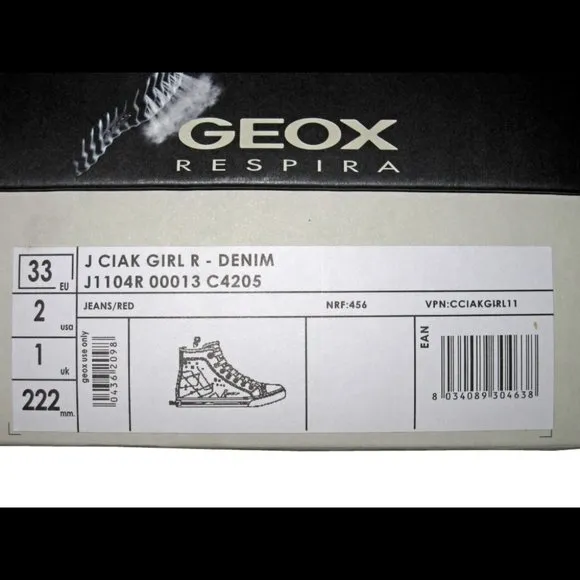 NIB Geox High Top Sneaker Shoes, sz 33 (2 US)