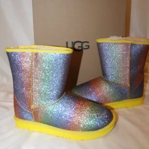 NIB UGG‎ YOUTH 5 6 WOMEN'S 7 8 CLASSIC SHORT II GLITTER RAINBOW BOOTS YELLOW