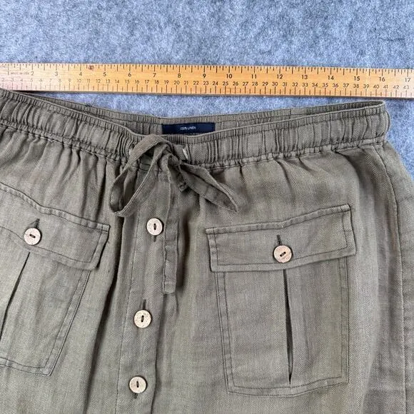 Nicole Miller Women's XL 100% Linen Drawstring‎ Olive Button Front Long Skirt