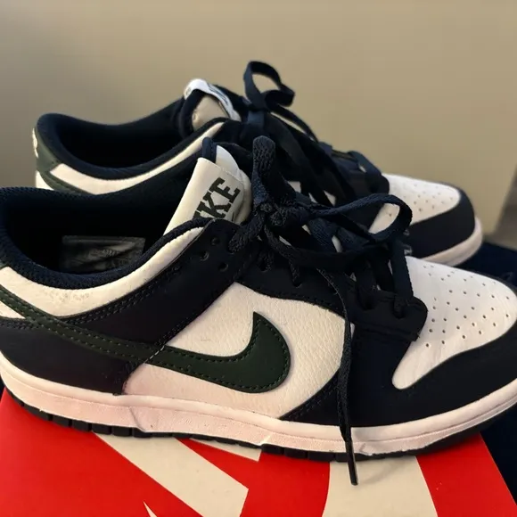 Nike Boys Dunk Low GS navy and white with green swoosh