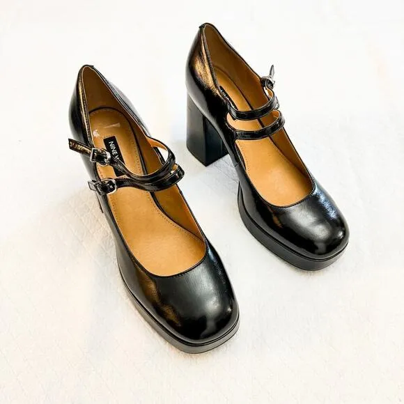 Nine West Black Mary Jane Colas Platform Heel Shoes Size 9