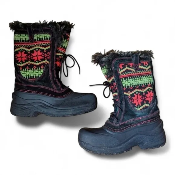 North Face Y2K Fair Isle BRAT Girls Lace Up Shellista Faux Fur Snow Boots 7