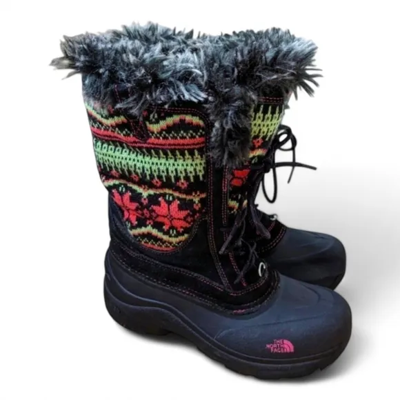 North Face Y2K Fair Isle BRAT Girls Lace Up Shellista Faux Fur Snow Boots 7
