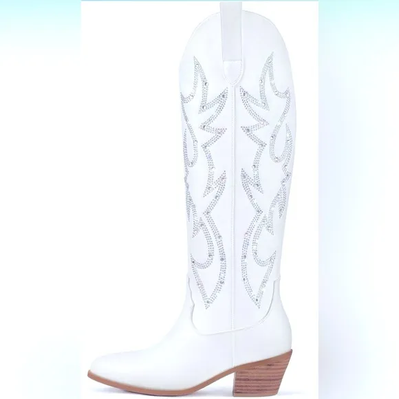 NWB White and Rhinestone Tall Cowgirl Cowboy Boots 7.5