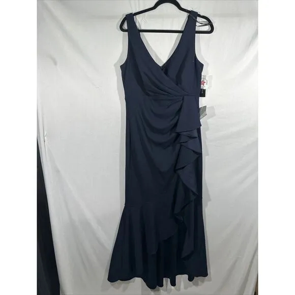 NWD $249 Betsy &amp; Adam [ 14 ] V-Neck‎ Cascade Ruffle High-Low Gown in Navy #Q1046