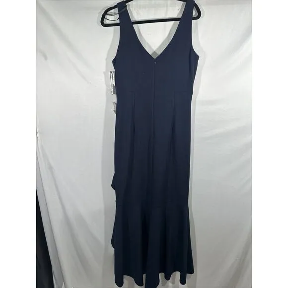 NWD $249 Betsy &amp; Adam [ 14 ] V-Neck‎ Cascade Ruffle High-Low Gown in Navy #Q1046