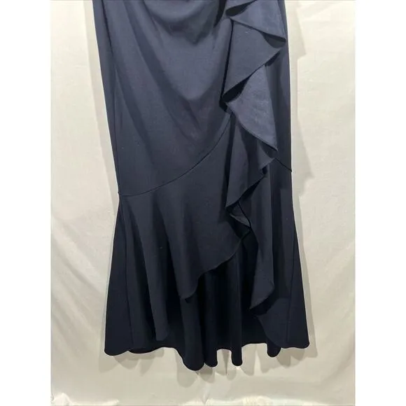 NWD $249 Betsy &amp; Adam [ 14 ] V-Neck‎ Cascade Ruffle High-Low Gown in Navy #Q1046