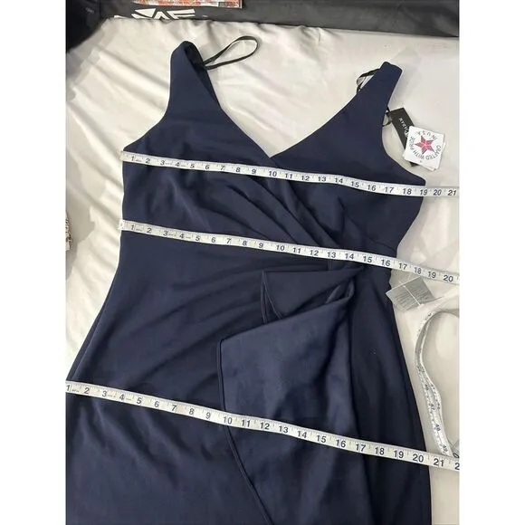 NWD $249 Betsy &amp; Adam [ 14 ] V-Neck‎ Cascade Ruffle High-Low Gown in Navy #Q1046