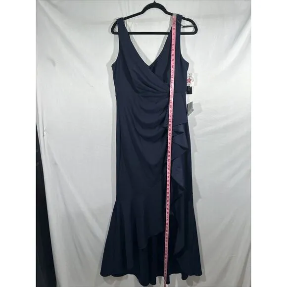 NWD $249 Betsy &amp; Adam [ 14 ] V-Neck‎ Cascade Ruffle High-Low Gown in Navy #Q1046