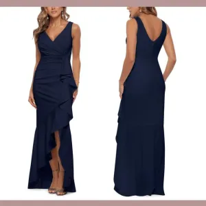 NWD $249 Betsy &amp; Adam [ 14 ] V-Neck‎ Cascade Ruffle High-Low Gown in Navy #Q1046